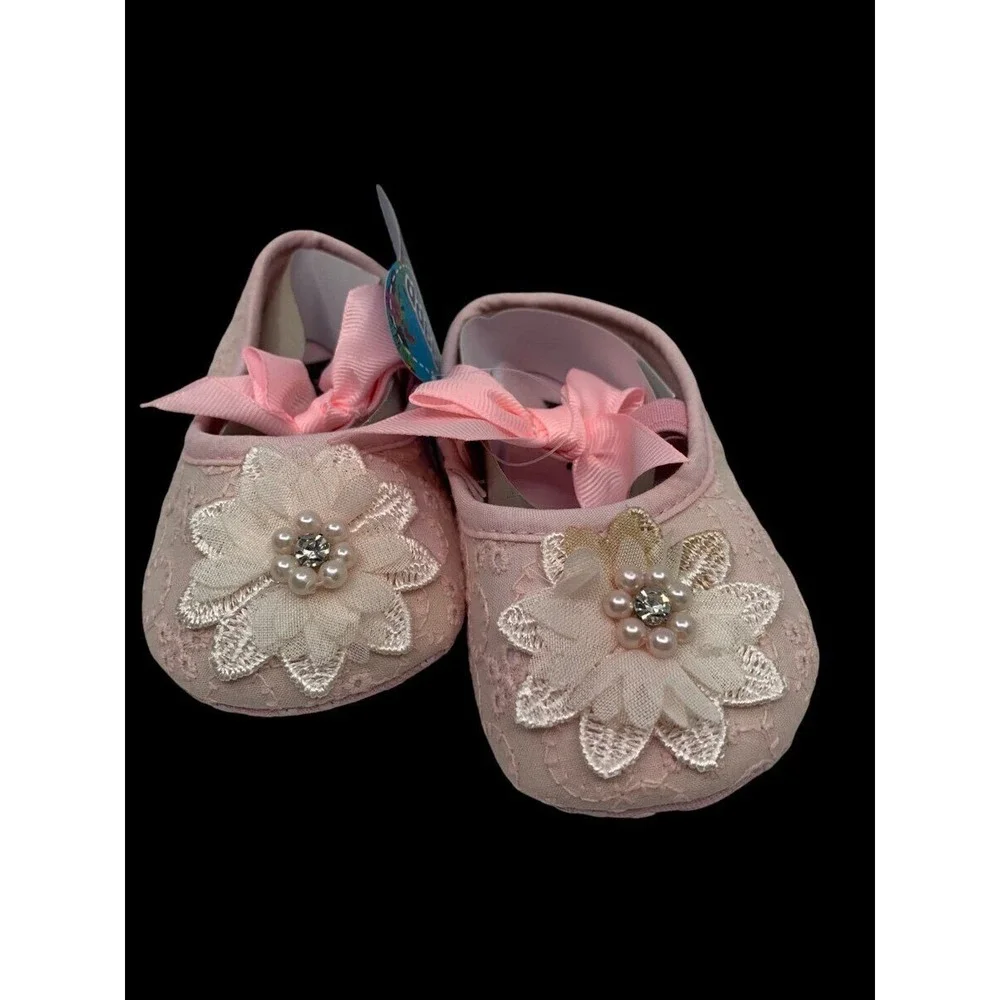 Myggpp Baby Mary Jane Bowknot Pink‎ Eyelet Floral Princess Soft Shoes 12-18 Mth